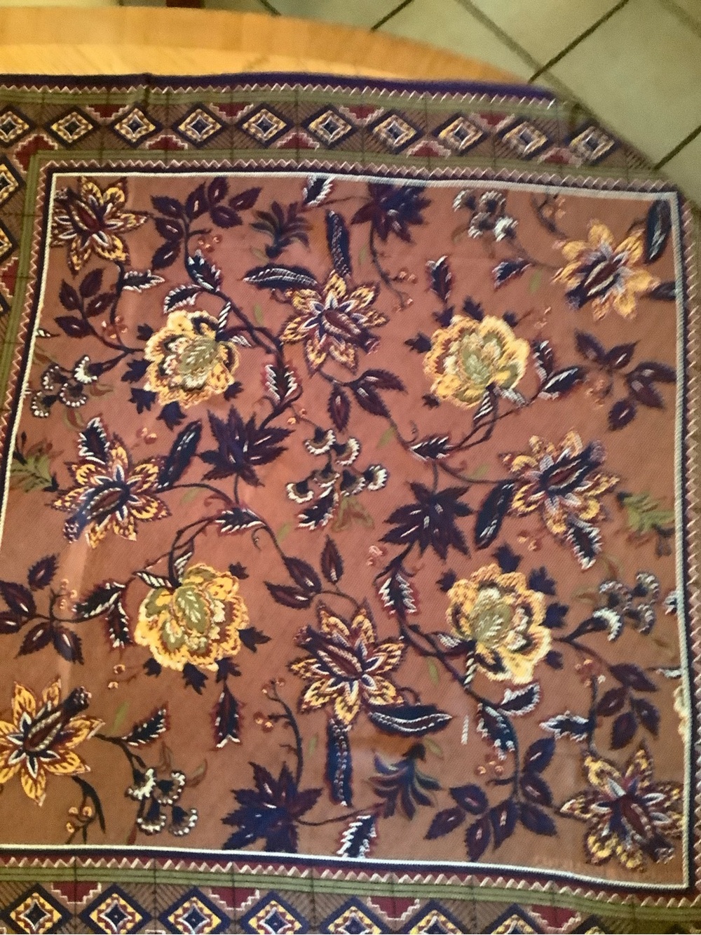 Adrienne Vittadini Brown Floral Silk Scarf with Navy and Yellow Accents